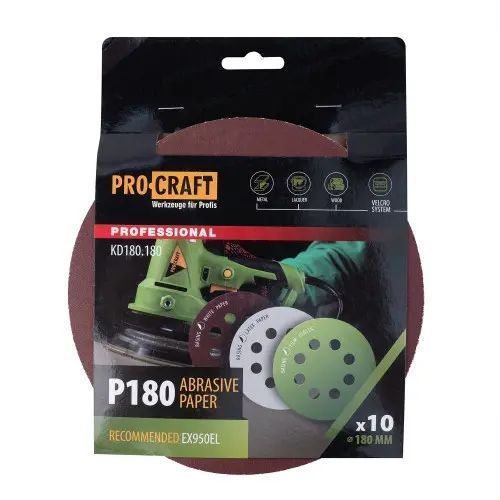 Круг шлифовальный самозацепной Procraft KD180.180 UNIVERSAL (набор 10 шт.) 8 отв. KD180.180 фото