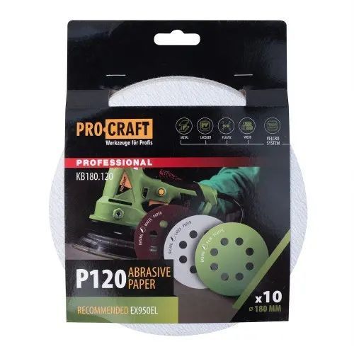 Круг шлифовальный самозацепной Procraft KB180.120 UNIVERSAL (набор 10 шт.) 8 отв. KB180.120 фото