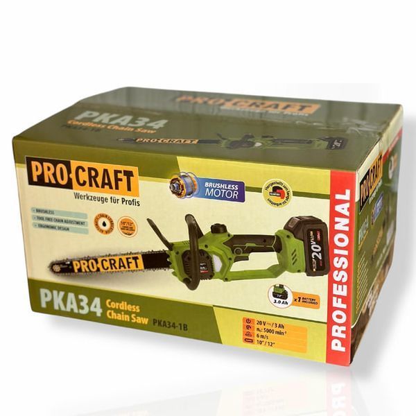 Акумуляторна пила Procraft PKA34 &mdash; (3Аг, 2 шини, 2 ланцюги, зарядка) PKA34_1АКБ_3А_oliva1L фото