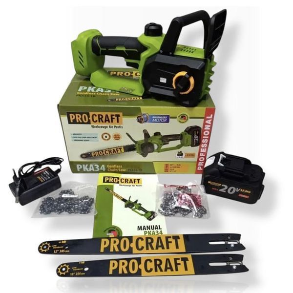 Акумуляторна пила Procraft PKA34 &mdash; (3Аг, 2 шини, 2 ланцюги, зарядка) PKA34_1АКБ_3А_oliva1L фото
