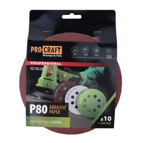 Круг шлифовальный самозацепной Procraft KD180.80 UNIVERSAL (набор 10 шт.) 8 отв. KD180.80 фото