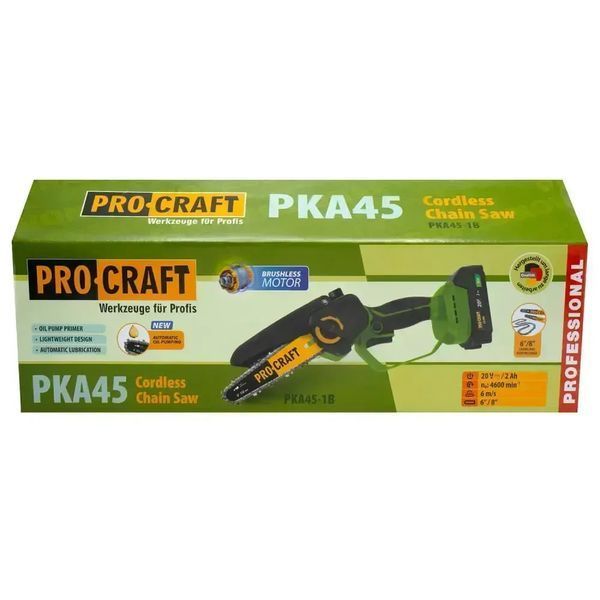 Набор Procraft PKA45 + EP2.0R: аккумуляторная цепная пила 20 В, бесщеточная, 1 АКБ 3 А&middot;ч, 2 шины 6&Prime;/8&Prime; + телескопический удлинитель 120&ndash;200 см  PKA45_1АКБ3Аг_Karton + EP2.0R фото