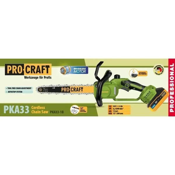 Акумуляторна ланцюгова пила Procraft PKA33, 20 В, безщіткова, шина 304 мм, 2 АКБ 4 А&middot;год + ЗП PKA33_2akb фото