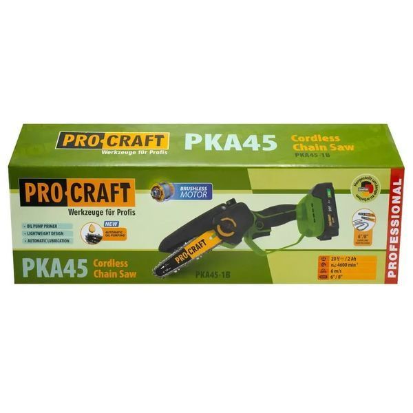 Акумуляторна міні-пила Procraft PKA45, 20 В, 1 АКБ 2 А&middot;год, 2 шини 15/20 см, 2 ланцюги, автоматичне змащення  PKA45_1Akb фото