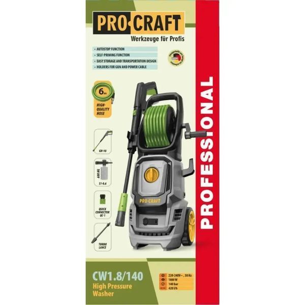 Мийка високого тиску Procraft CW1.8/140 Universal, 1800 Вт, 140 бар, 420 л/год, шланг 6 м CW1.8/140 фото