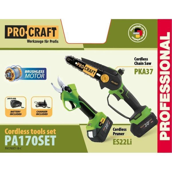 Набір акумуляторних інструментів Procraft PA170SET &mdash; секатор ES22Li + пилка PKA37, 20 В, 1 АКБ + ЗП PA170SET фото