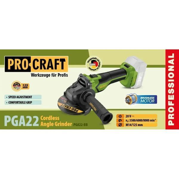 Акумуляторна болгарка Procraft PGA22, 20 В, без АКБ та ЗП PGA22_bez_akb фото